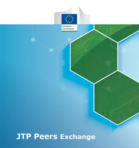 Bewerbungsbild für JTPeers Exchange: blauer Hintergrund mit grünen Sechsecken