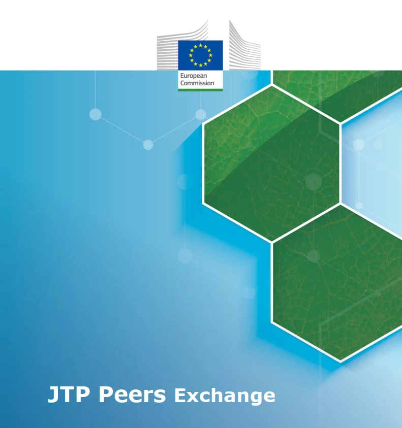 Bewerbungsbild für JTPeers Exchange: blauer Hintergrund mit grünen Sechsecken