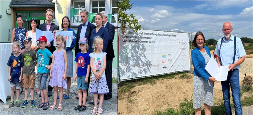 Staatssekretärin Barbara Meyer überbrachte am 14. August im Lausitzer Revier den Bürgermeistern der Gemeinden Steina (Landkreis Bautzen) und Waldhufen (Landkreis Görlitz) Förderbescheide für die Umsetzung von Strukturwandelprojekten. 