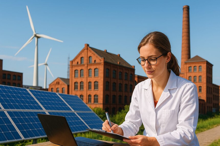 Im Vordergrund eine Forscherin, im Hintergrund ein altes Industriegebäude und Anlagen für erneuerbare Energien