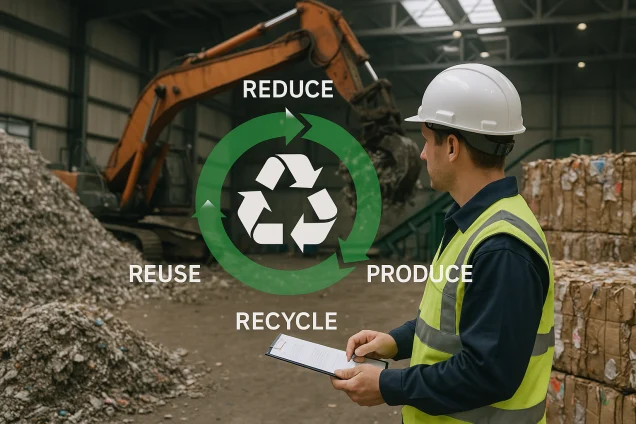 Ein Mitarbeiter steht in einer Halle für Papierrecycling, im Hintergrund ein Bagger,
